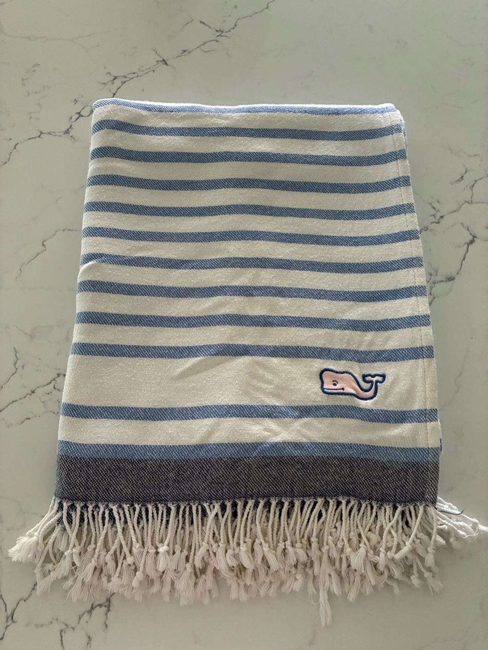 Vineyard Vines Blue and White Striped Throw with Whale Patch